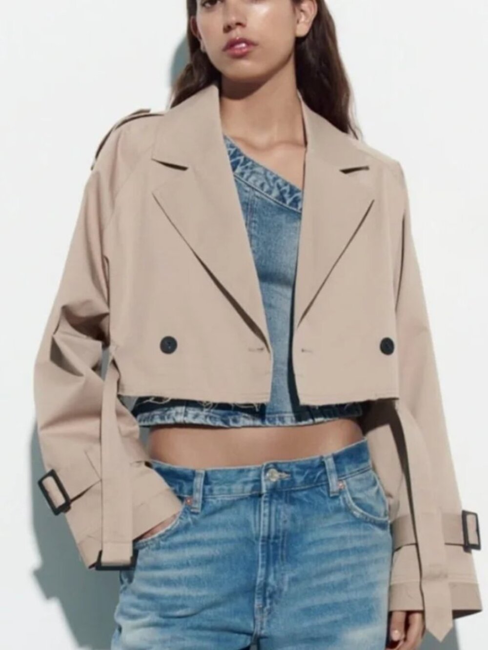 ZARA CROP TRENCH JACKET OVERSIZED NEUTRAL TAN SIZE SMALL